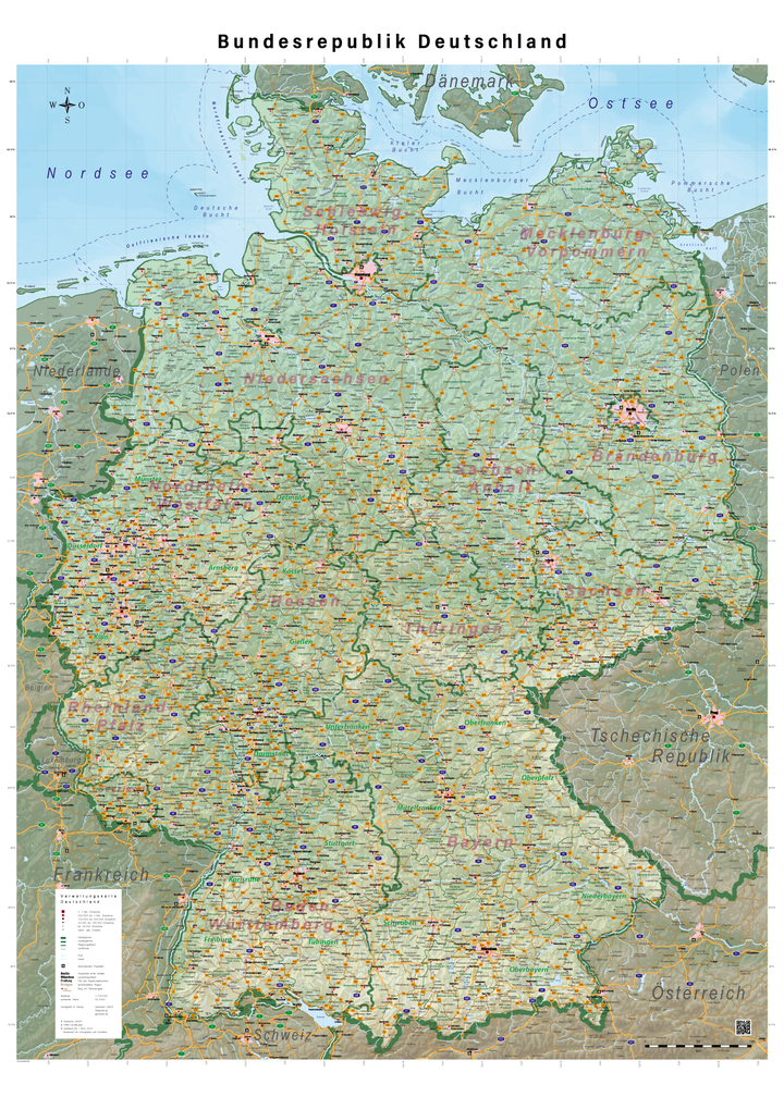Laminated wall map (in German) - Physical Germany (100 x 140 cm) | GeoMetro