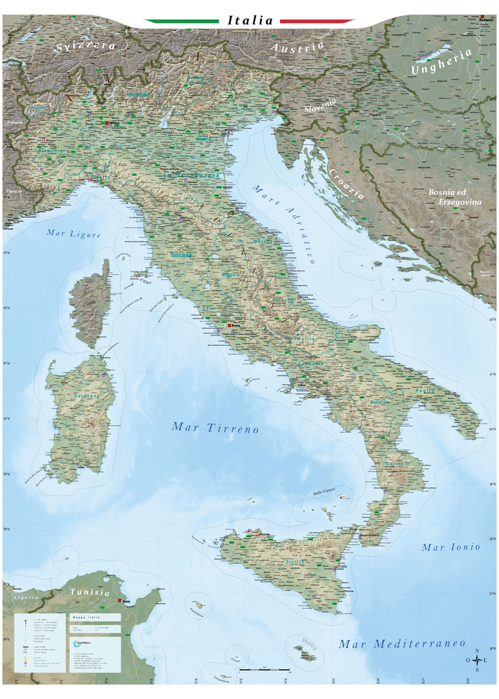 Laminated wall map (in Italian) - Physical Italy (100 x 140 cm) | GeoMetro