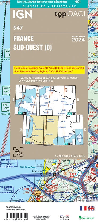 Carte aéronautique plastifiée OACI 947 - France Sud-ouest 2024 | IGN carte pliée IGN 