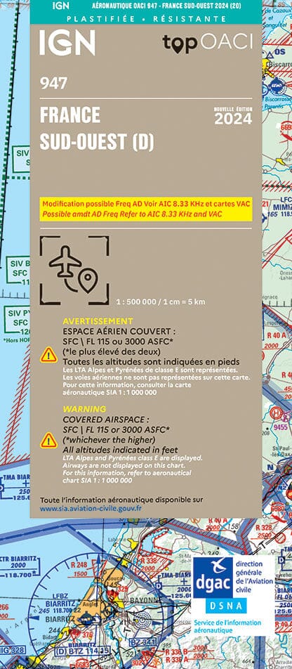 Carte aéronautique plastifiée OACI 947 - France Sud-ouest 2024 | IGN carte pliée IGN 