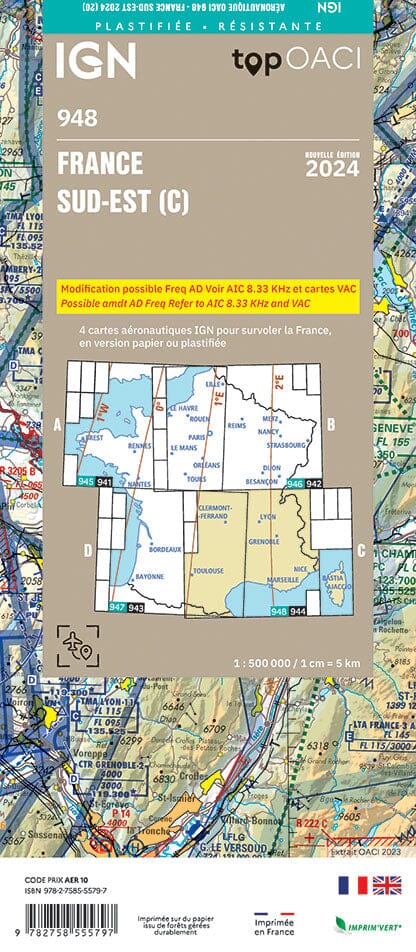 Carte aéronautique plastifiée OACI 948 - France Sud-est 2024 | IGN carte pliée IGN 