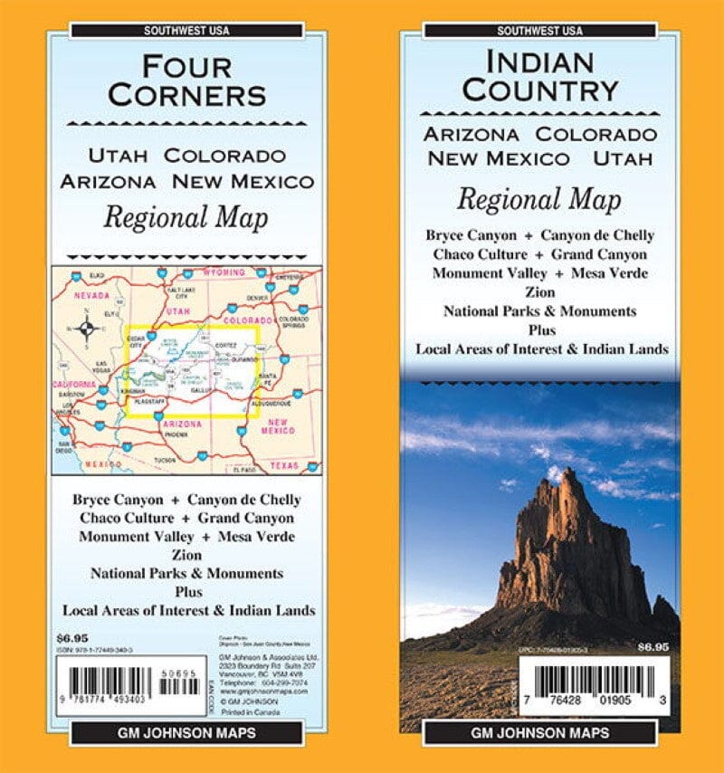 Carte régionale - Four Corners : Utah, Colorado, Arizona, Nouveau Mexique (sud-ouest des Etats-Unis) | GM Johnson carte pliée GM Johnson