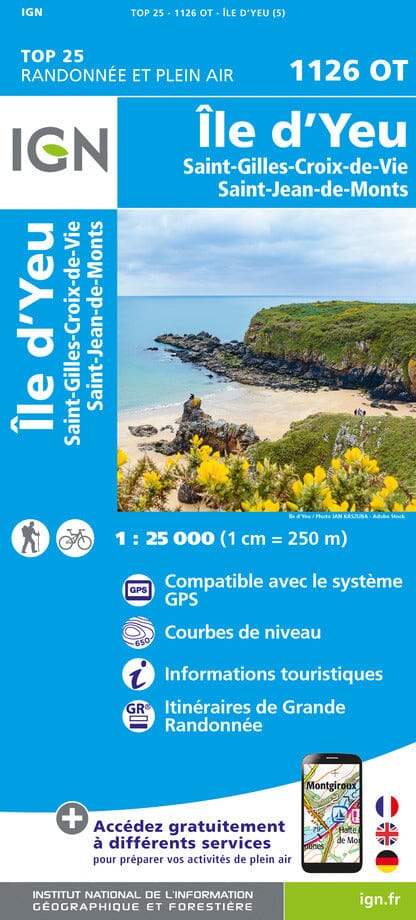 Carte TOP 25 n° 1126 OT - Ile d'Yeu, St-Gilles-Croix-de-Vie & Saint-Jean-de-Monts | IGN carte pliée IGN 