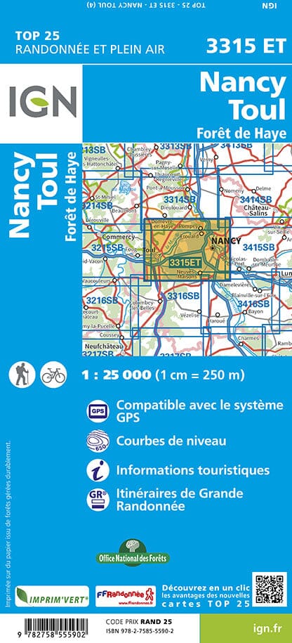Carte TOP 25 n° 3315 ET - Nancy, Toul & Forêt de Haye | IGN carte pliée IGN 