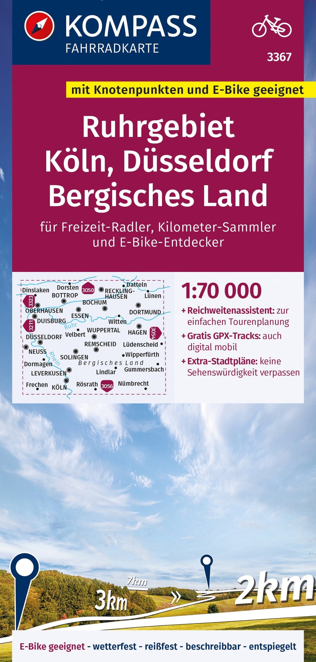 Carte cycliste n° F3367 - Ruhrgebiet, Cologne, Düsseldorf, Bergisches Land + plan de ville (Allemagne) | Kompass carte pliée Kompass