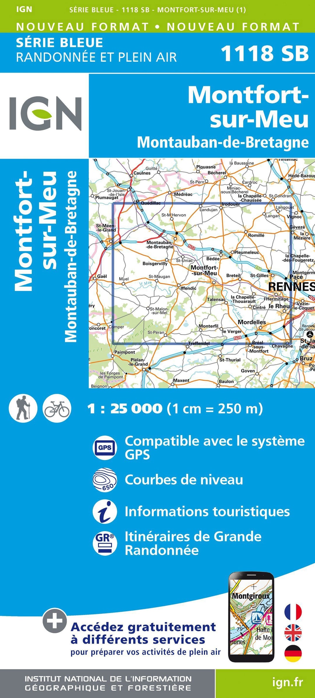 Carte de randonnée n° 1118 - Montfort-sur-Meu, Montauban-de-Bretagne | IGN - Série Bleue carte pliée IGN