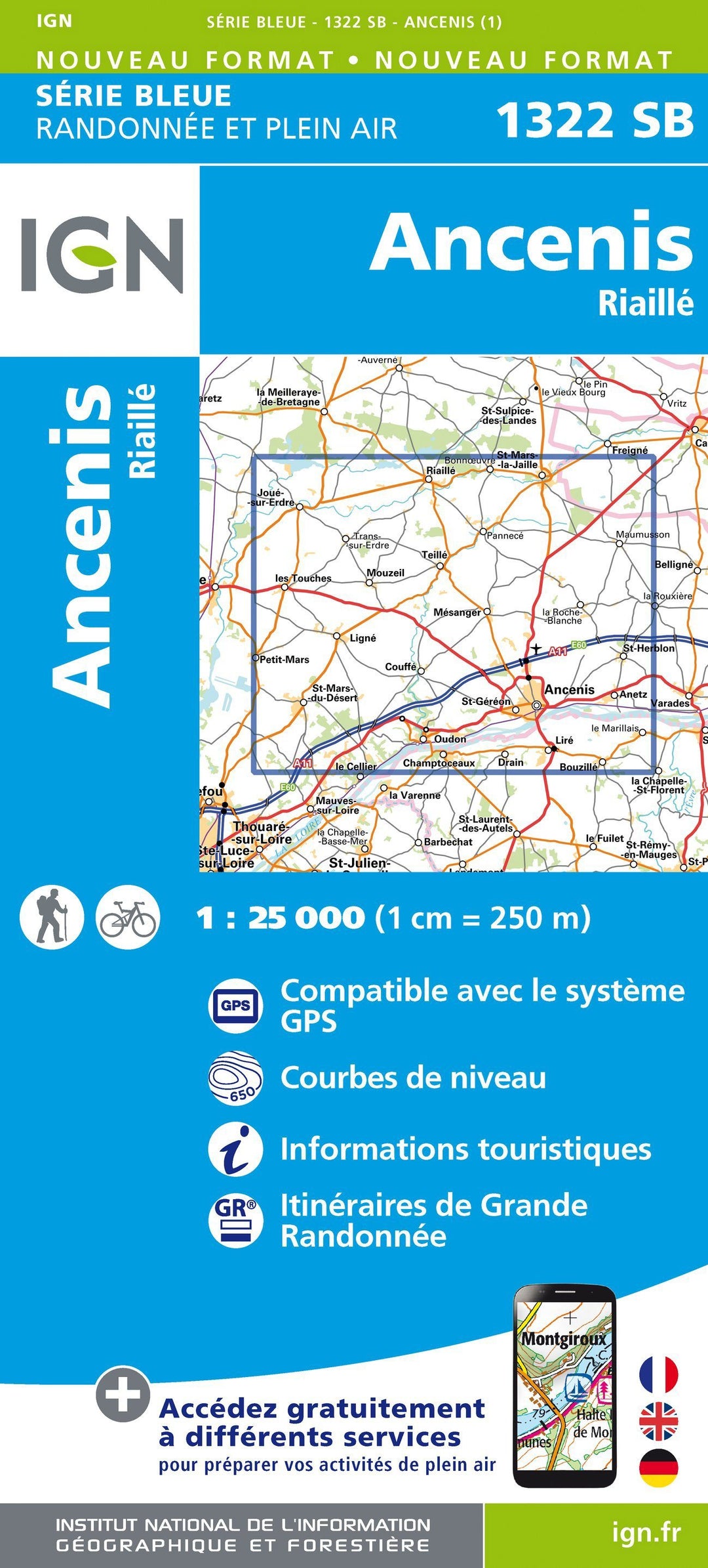 Carte de randonnée n° 1322 - Ancenis, Riaillé | IGN - Série Bleue carte pliée IGN 