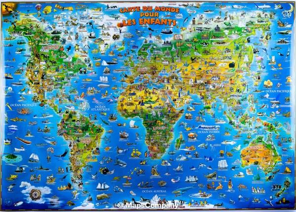 Wall Map illustrated for children (laminatedized) - Le Monde - 137 x 100 cm  | Dino (French)