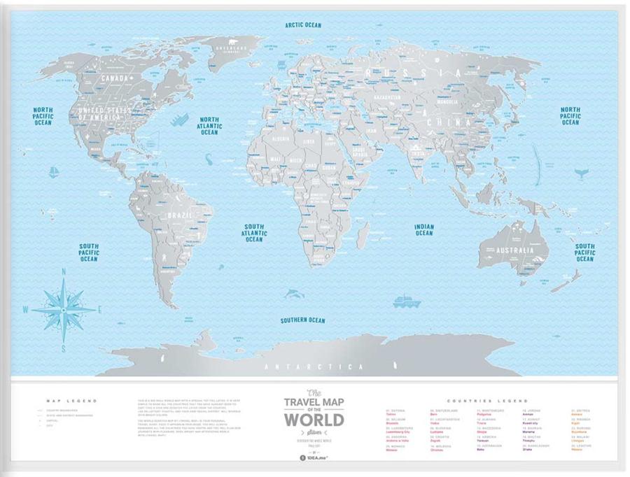 Scratch-off wall map (in English) - Travel map of the World, Silver Edition (80 x 60 cm) | 1DEA.me