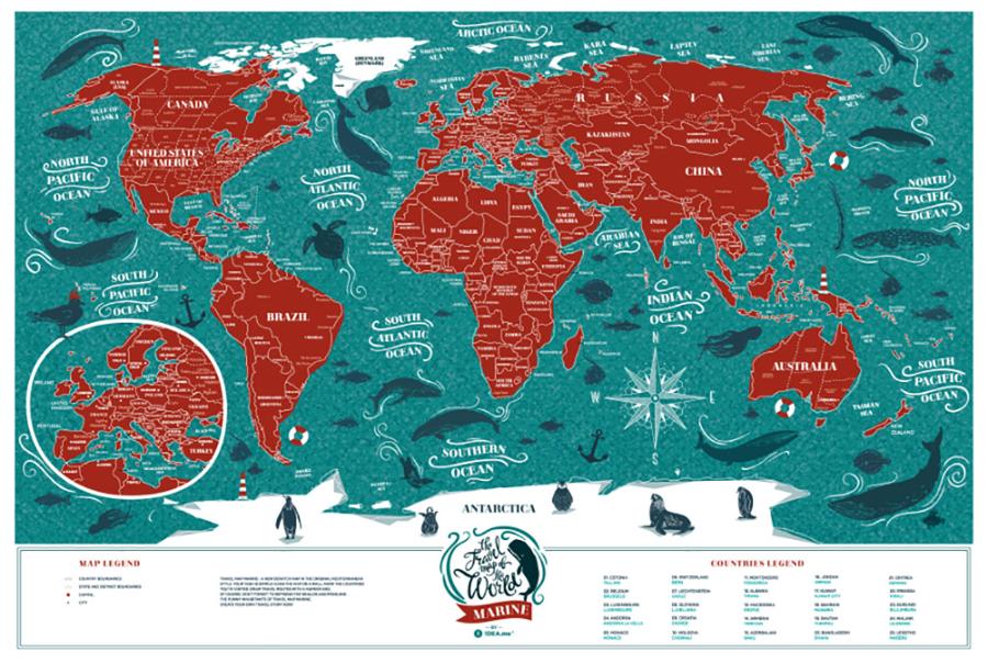 Small Scratch-Off Wall Map (English) - Travel Map, Marine World Edition (60 x 40 cm) | 1DEA.me