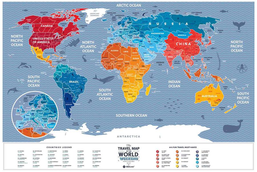 Small Scratch-Off Wall Map (English) - The Travel Map of the World, Weekend Edition (60 x 40 cm) | 1DEA.me