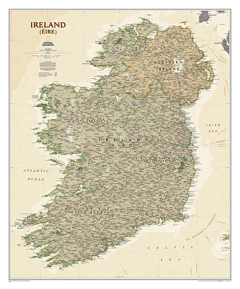 Laminated wall map (in English) - Ireland, antique style - 76 x 92 cm | National Geographic
