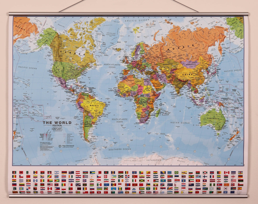 Carte murale plastifiée (en anglais) - Monde politique, avec lattes métalliques de maintien - 1/60M (69 x 53 cm) | Maps International
