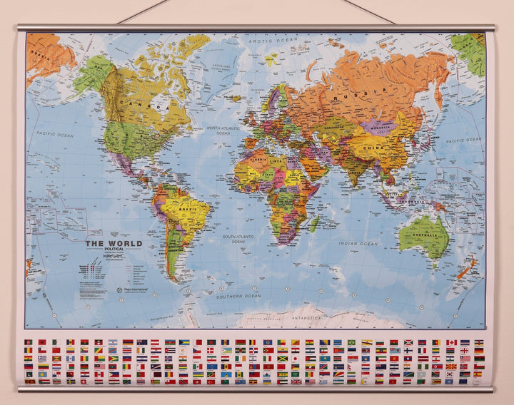 Carte murale plastifiée (en anglais) - Monde politique, avec lattes métalliques de maintien - 1/60M (69 x 53 cm) | Maps International