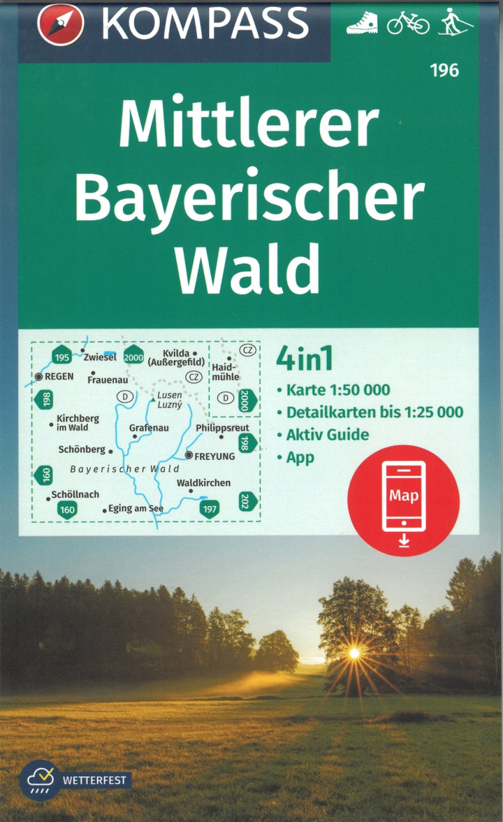 Carte de randonnée n° 196 - Forêt de Bavière Centre / Bayerischer Wald Mittlerer + Activ Guide (Allemagne) | Kompass