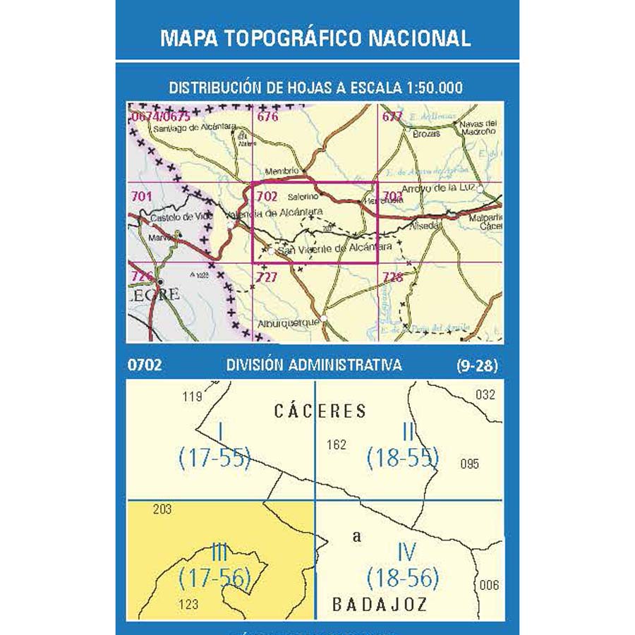 Topographic map of Spain n° 0702.3 - San Vicente de Alcántara | CNIG - 1/25,000