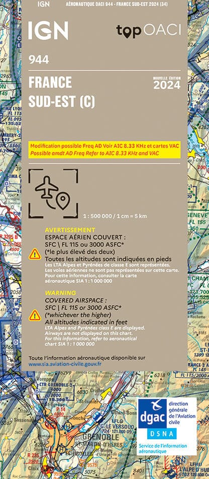 Carte aéronautique OACI 944 - France Sud-est 2024 | IGN carte pliée IGN 