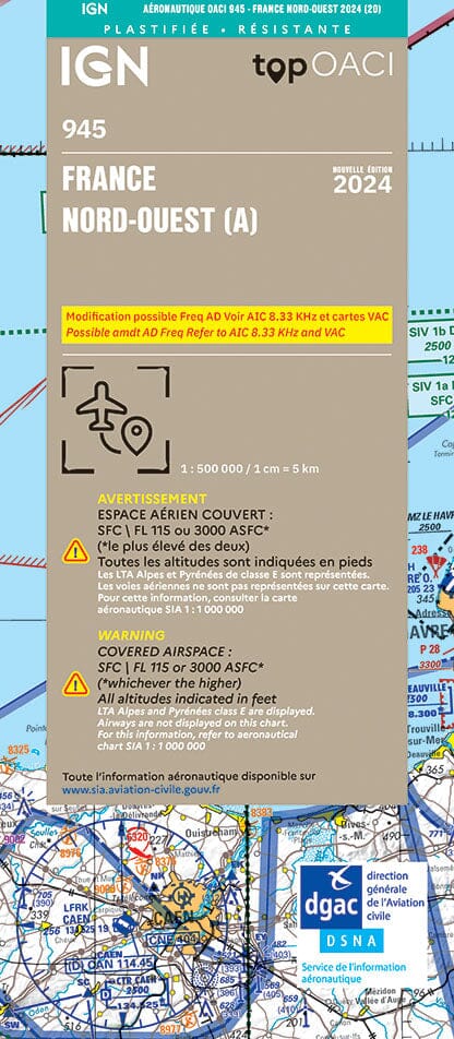 Carte aéronautique plastifiée OACI 945 - France Nord-ouest 2024 | IGN carte pliée IGN 