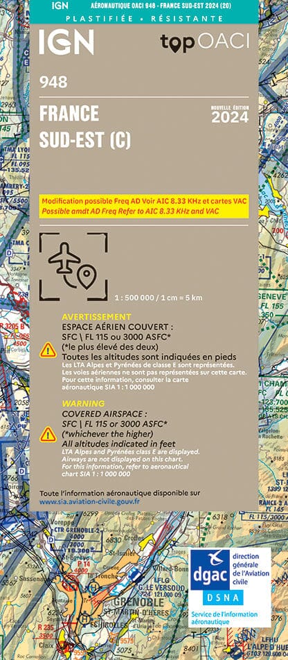 Carte aéronautique plastifiée OACI 948 - France Sud-est 2024 | IGN carte pliée IGN 