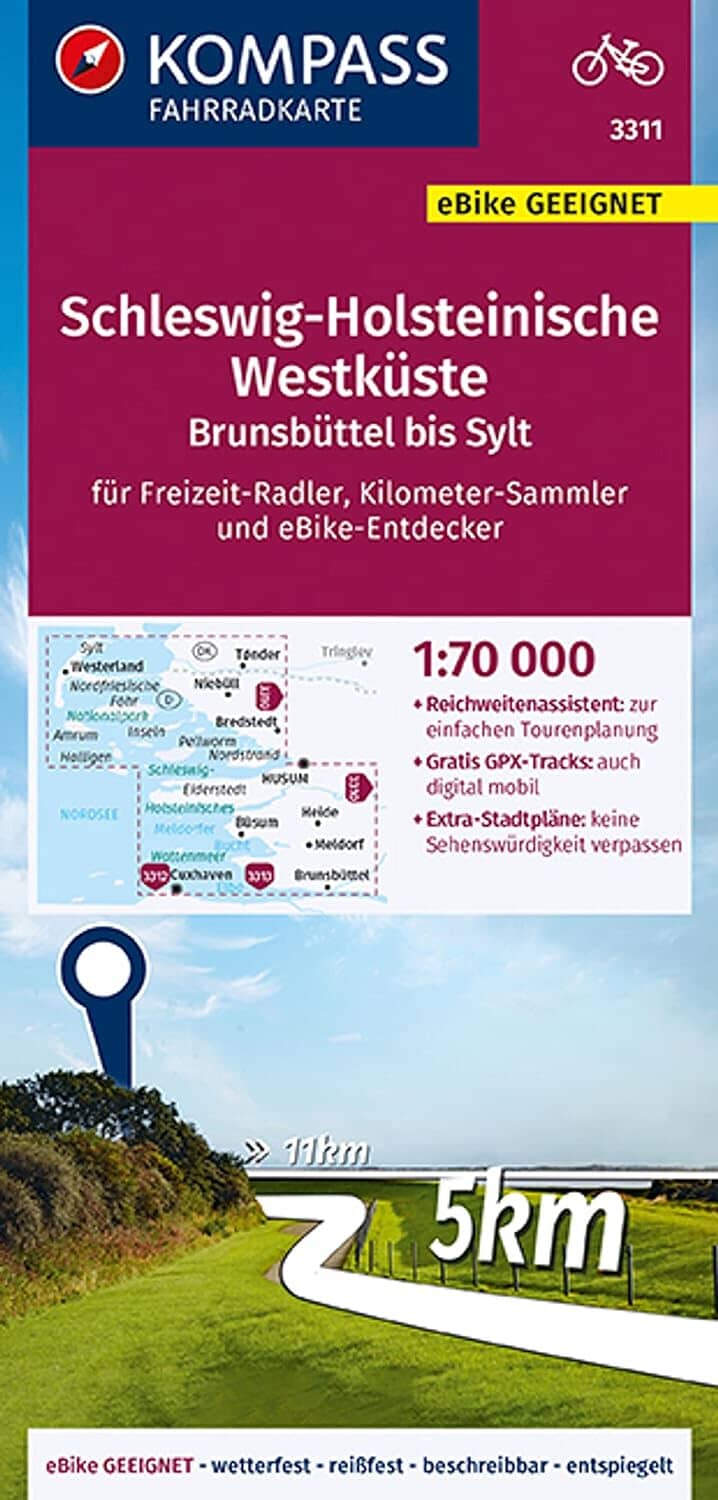 Carte cycliste n° F3311 - Schleswig Holsteinische Westküste, Brunsbüttel bis Sylt (Allemagne) | Kompass carte pliée Kompass 