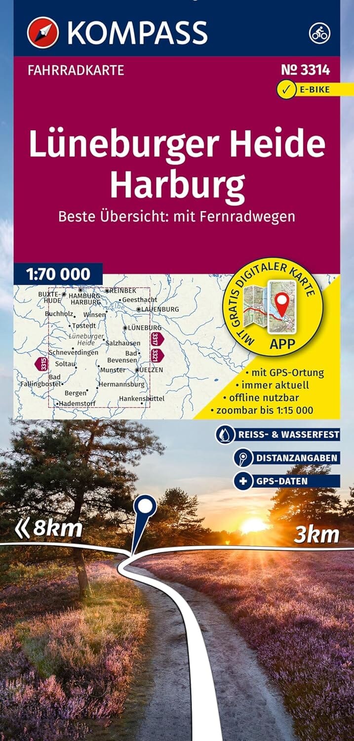 Carte cycliste n° F3314 - Lande de Lunebourg, Harburg (Allemagne) | Kompass carte pliée Kompass 