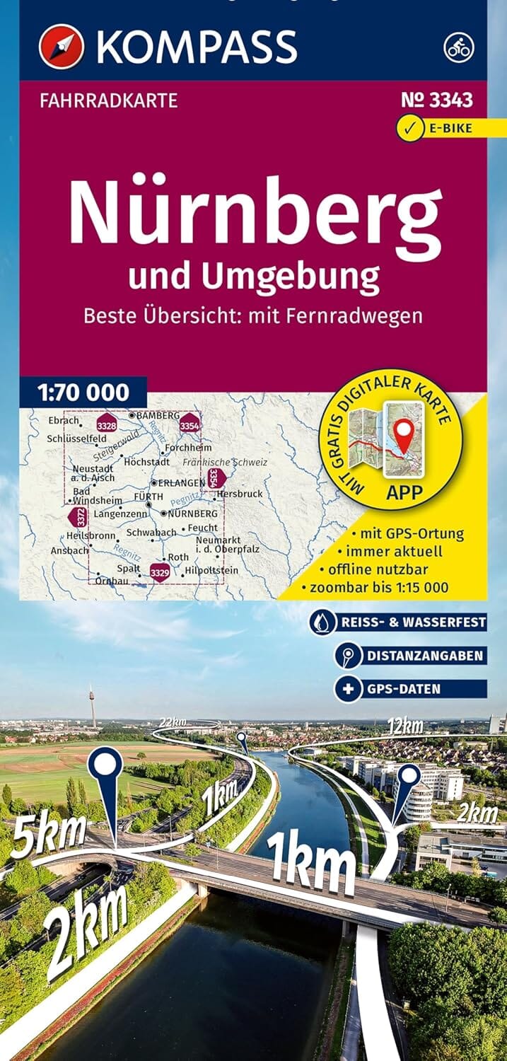 Carte cycliste n° F3343 - Nuremberg & environs (Allemagne) | Kompass carte pliée Kompass 