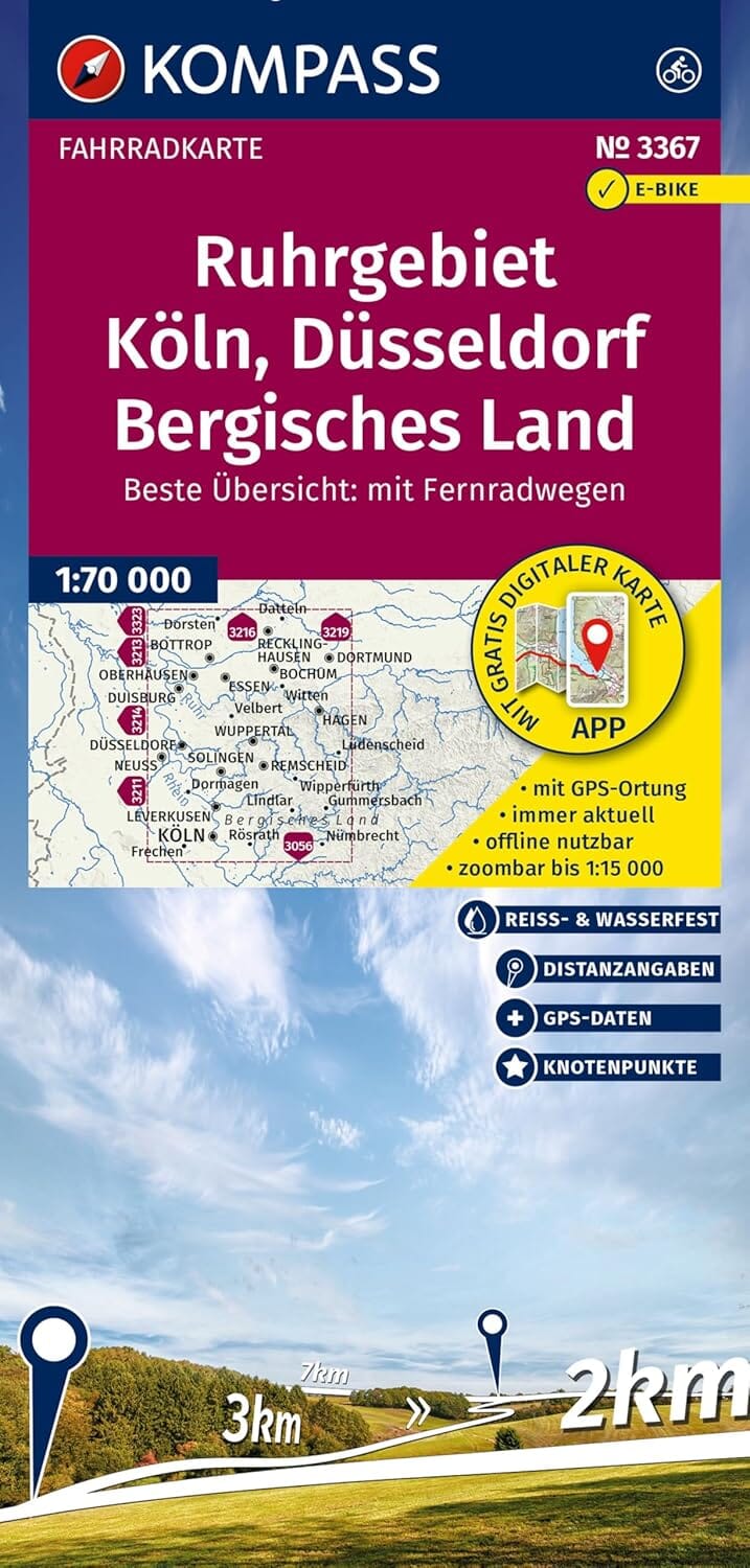 Carte cycliste n° F3367 - Ruhrgebiet, Cologne, Düsseldorf, Bergisches Land + plan de ville (Allemagne) | Kompass carte cycliste Kompass 