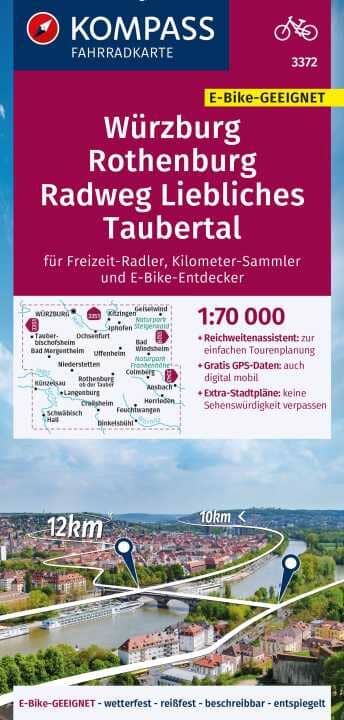 Carte cycliste n° F3372 - Würzburg, Rothenburg, Radweg Liebliches Taubertal (Allemagne) | Kompass carte pliée Kompass 