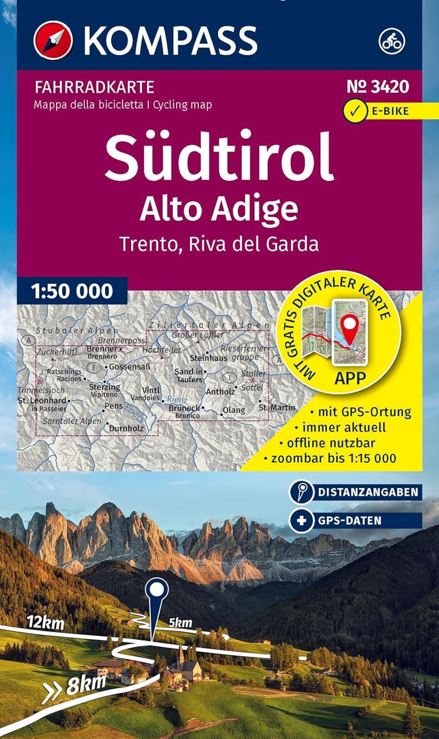 Carte cycliste n° F3420 - Tyrol du Sud, Trente & Riva del Garda (lot de 4 cartes) | Kompass carte cycliste Kompass 