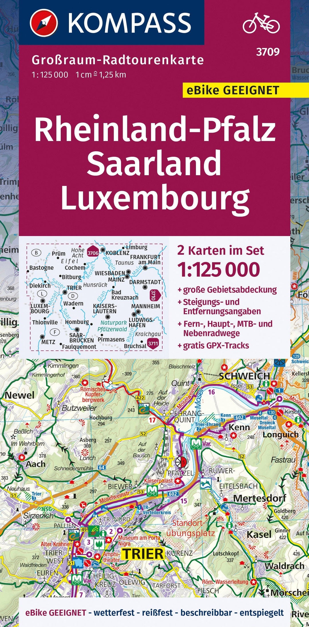 Carte cycliste n° F3709 - Rheinland-Pfalz, Sarre, Luxembourg | Kompass carte pliée Kompass 