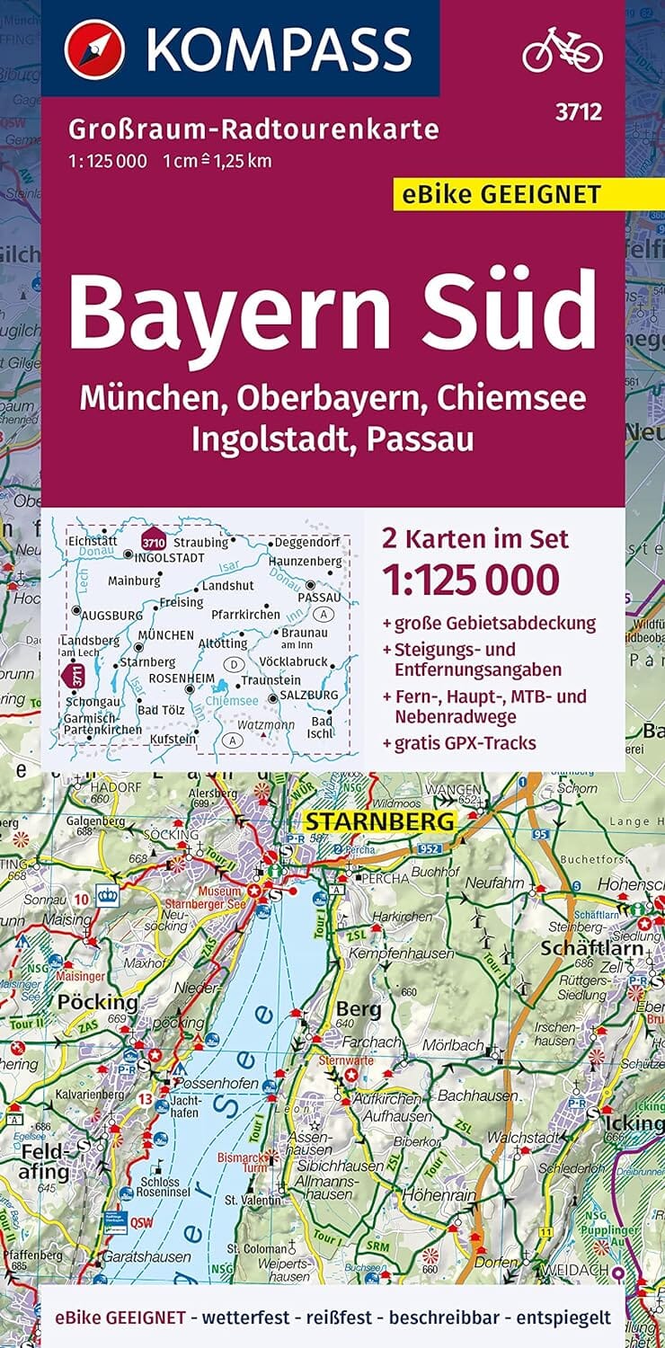 Carte cycliste n° F3712 - Bavière Sud, Haute-Bavière, Chiemsee, Ingolstadt, Passau, Munich (Allemagne) | Kompass carte pliée Kompass 