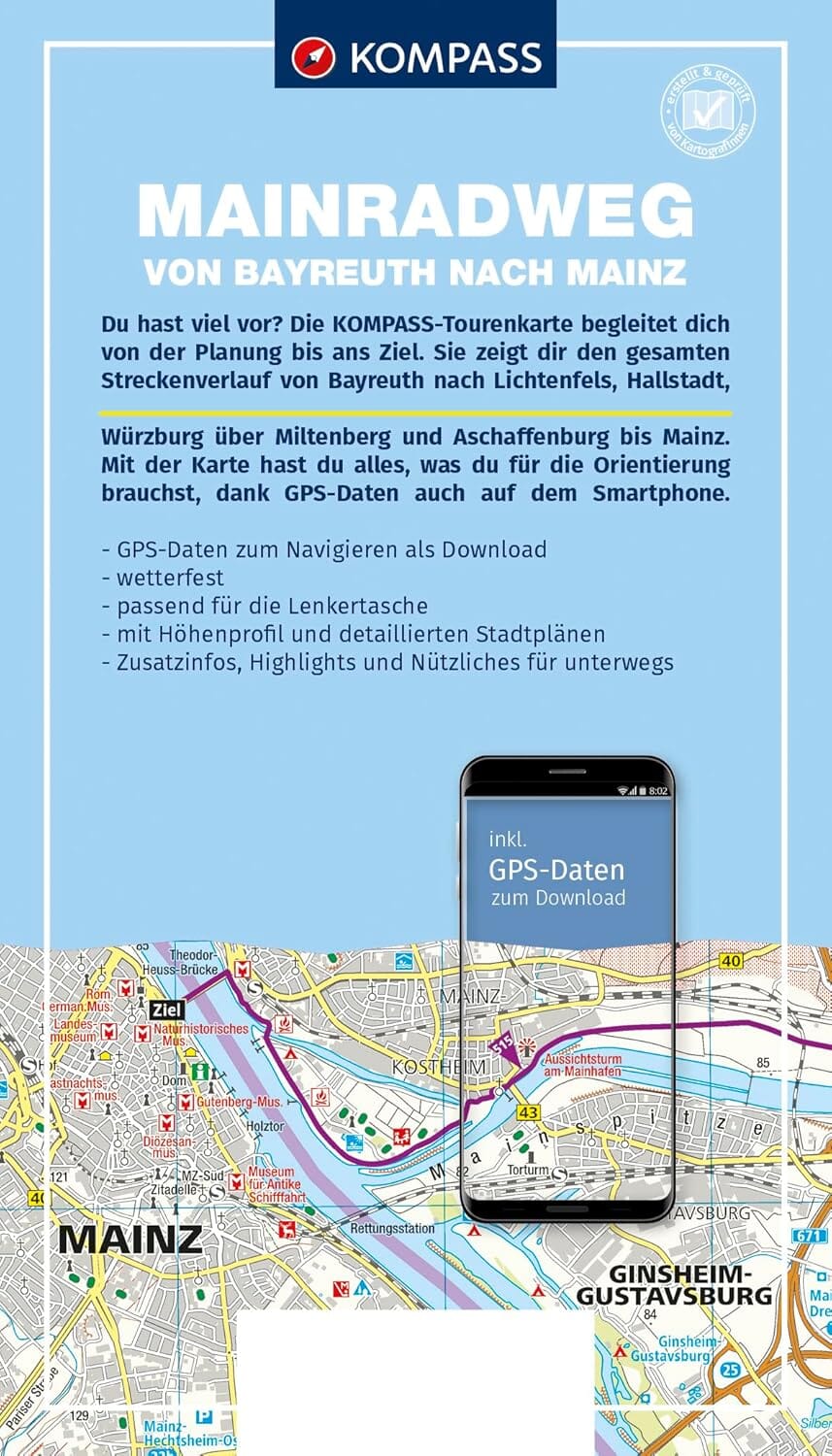 Carte cycliste n° F7003 - Mainradweg, Von Bayreuth nach Mainz | Kompass carte pliée Kompass 