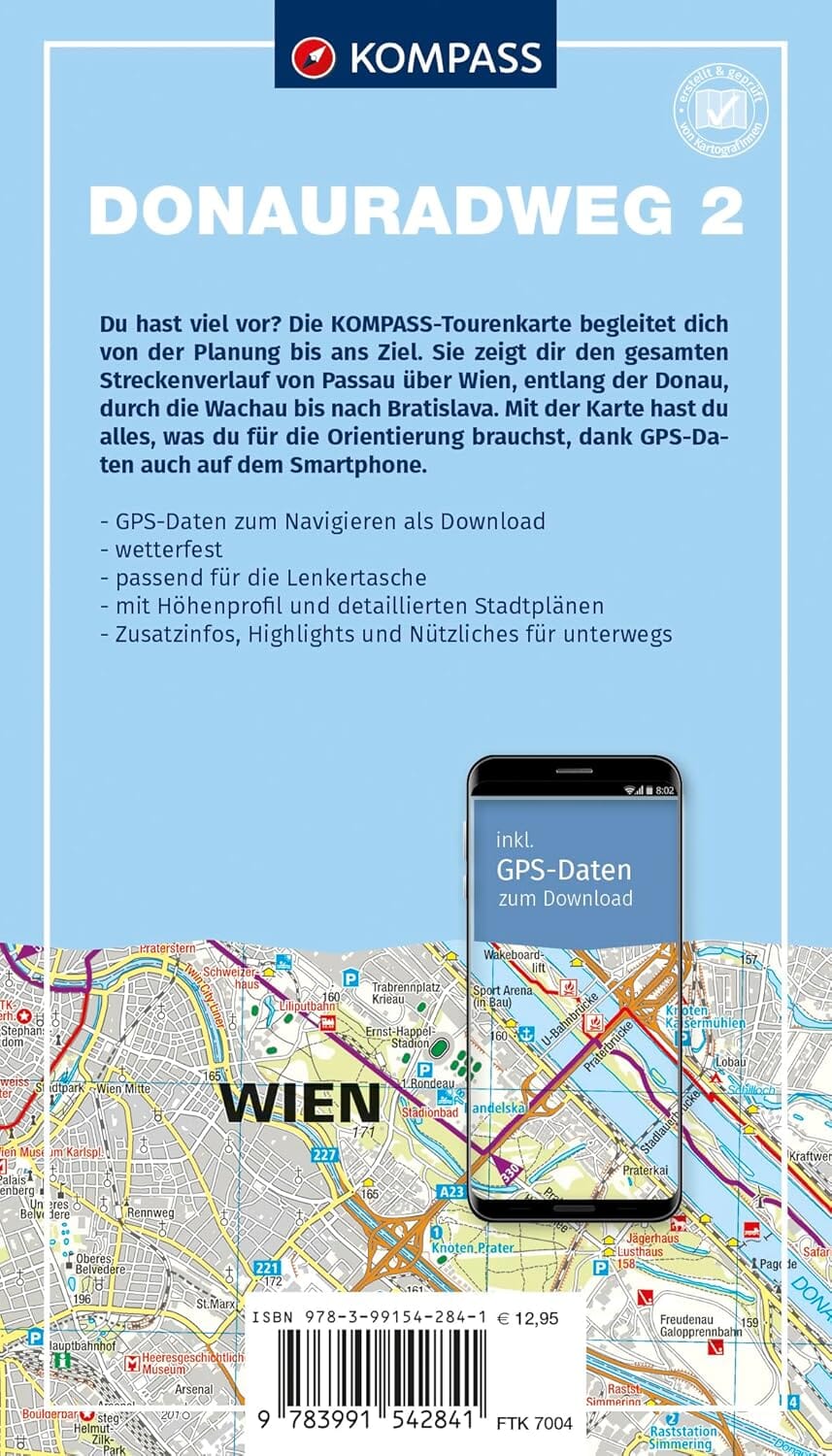 Carte cycliste n° F7004 - Donauradweg 2 / Piste cyclable du Danube, de Passau à Vienne (Allemagne, Autriche) | Kompass carte pliée Kompass 