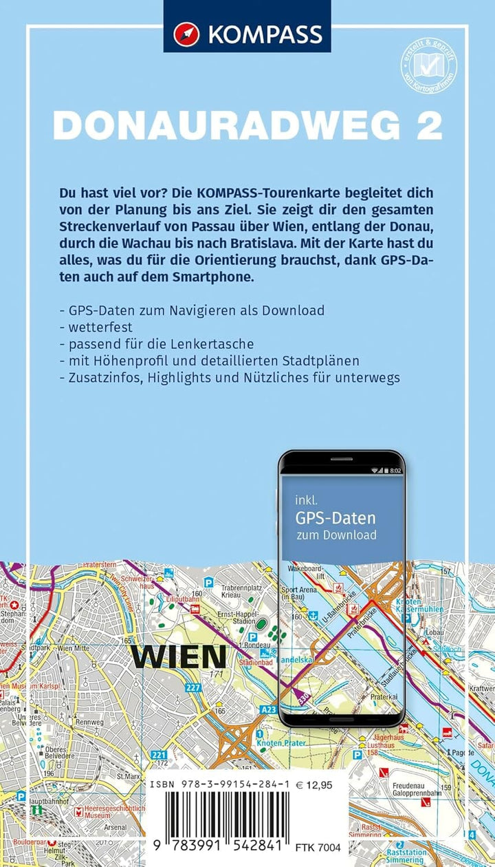 Carte cycliste n° F7004 - Donauradweg 2 / Piste cyclable du Danube, de Passau à Vienne (Allemagne, Autriche) | Kompass carte pliée Kompass 