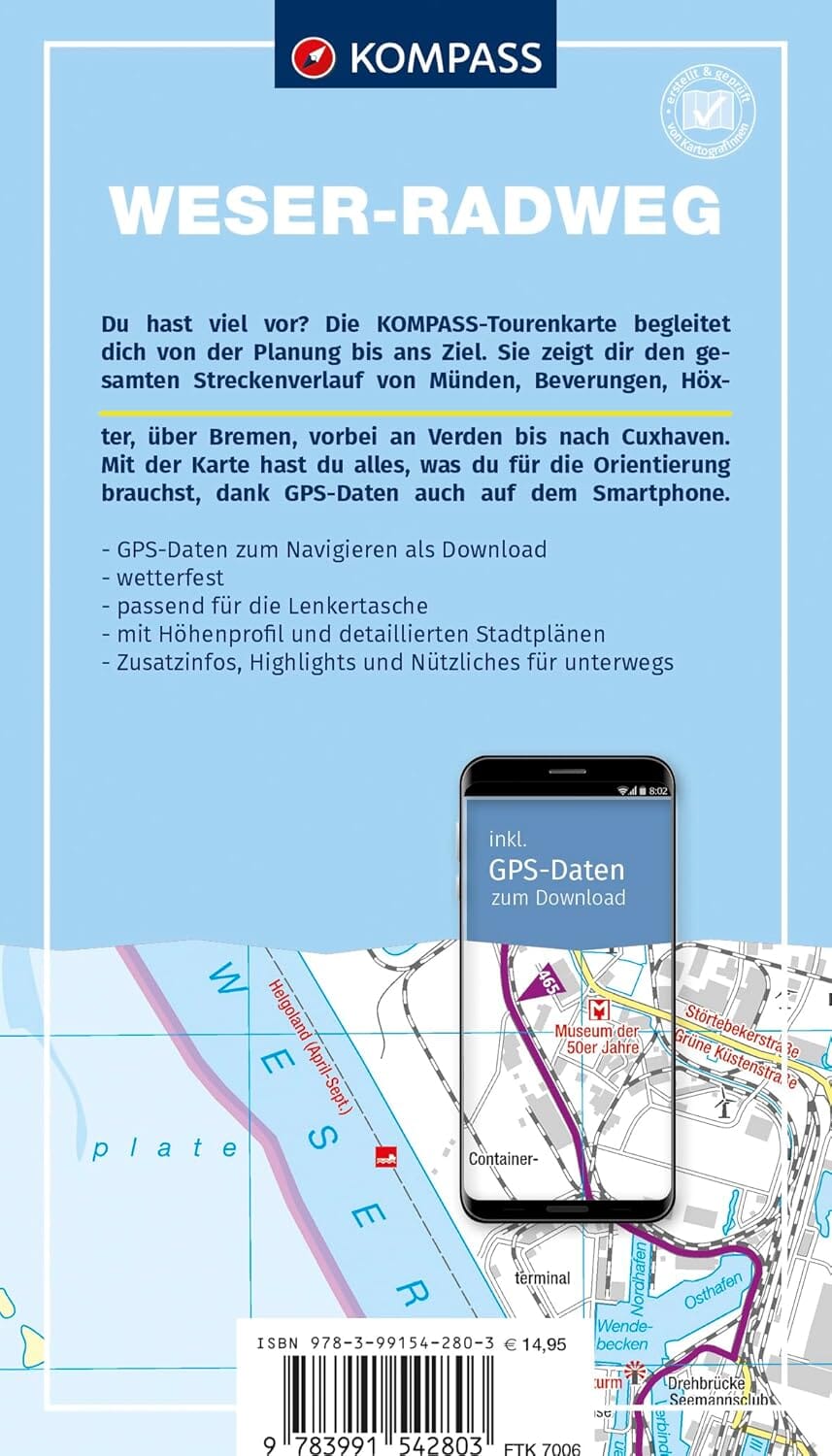 Carte cycliste n° F7006 - Piste cyclable de la Weser / Weser-Radweg (Allemagne) | Kompass carte cycliste Kompass 