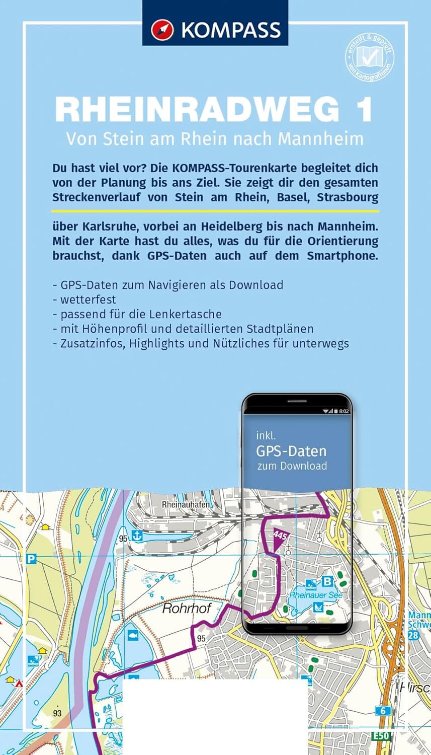 Carte cycliste n° F7008 - Piste cyclable du Rhin 1, de Stein am Rhein à Mannheim / Eurovélo 15 (Allemagne) | Kompass carte pliée Kompass 