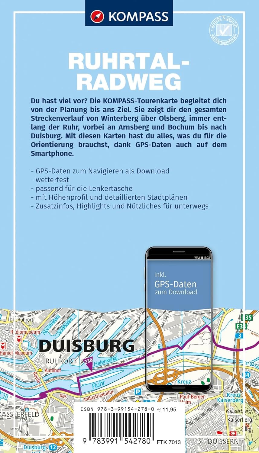 Carte cycliste n° F7013 - Piste cyclable de la vallée de la Ruhr / Ruhrtalradweg Allemagne) | Kompass carte cycliste Kompass 