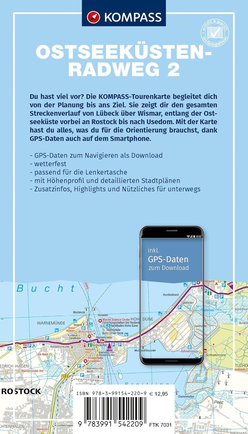 Carte cycliste n° F7031 - Mer Baltique 2, de Lübeck à Usedom (Allemagne) | Kompass carte pliée Kompass 