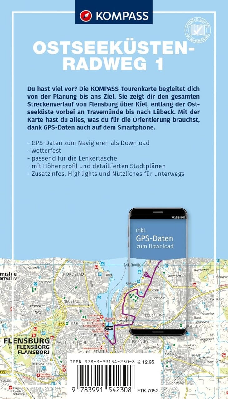 Carte cycliste n° F7052 - Piste cyclable de la côte de la mer Baltique 1, de Flensburg à Lübeck (Allemagne) | Kompass carte pliée Kompass 