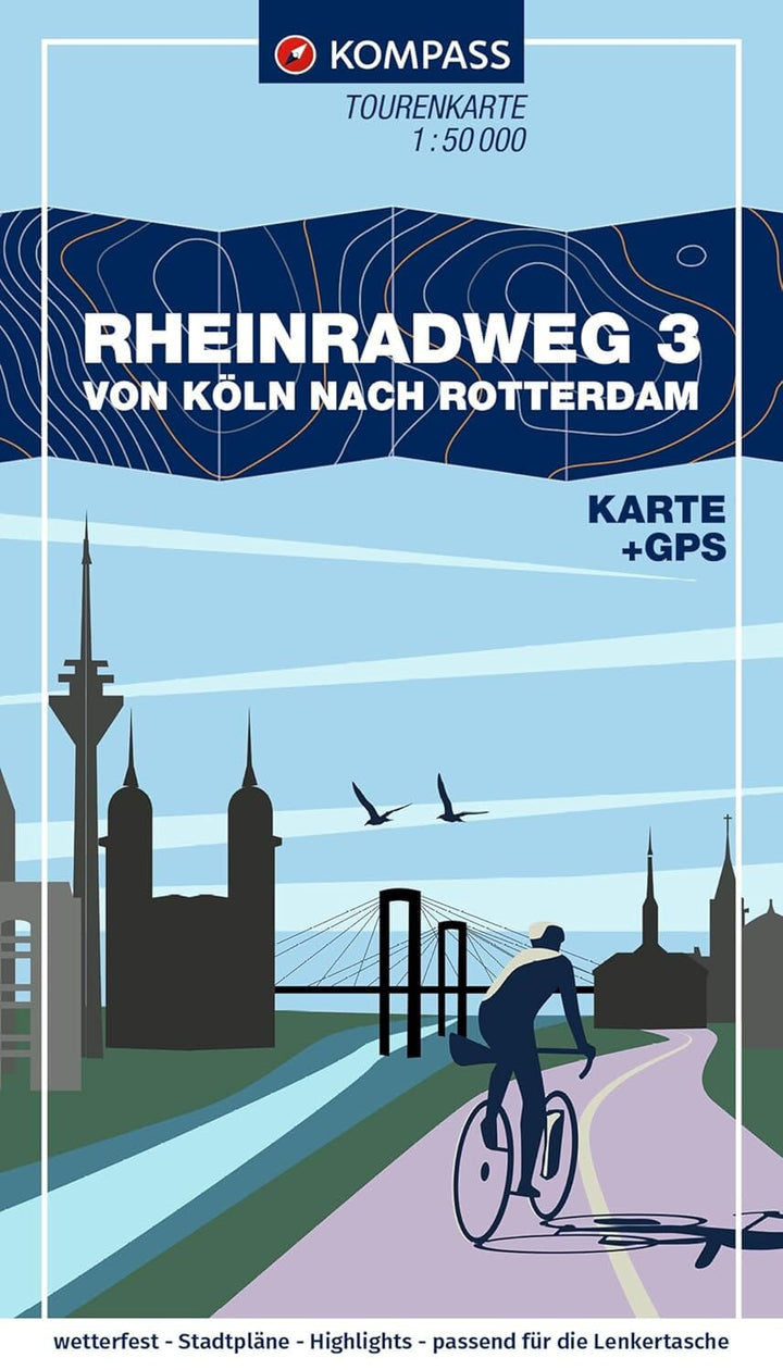 Carte cycliste n° F7058 - Piste cyclable du Rhin 3, Cologne - Rotterdam (Allemagne) | Kompass carte pliée Kompass 