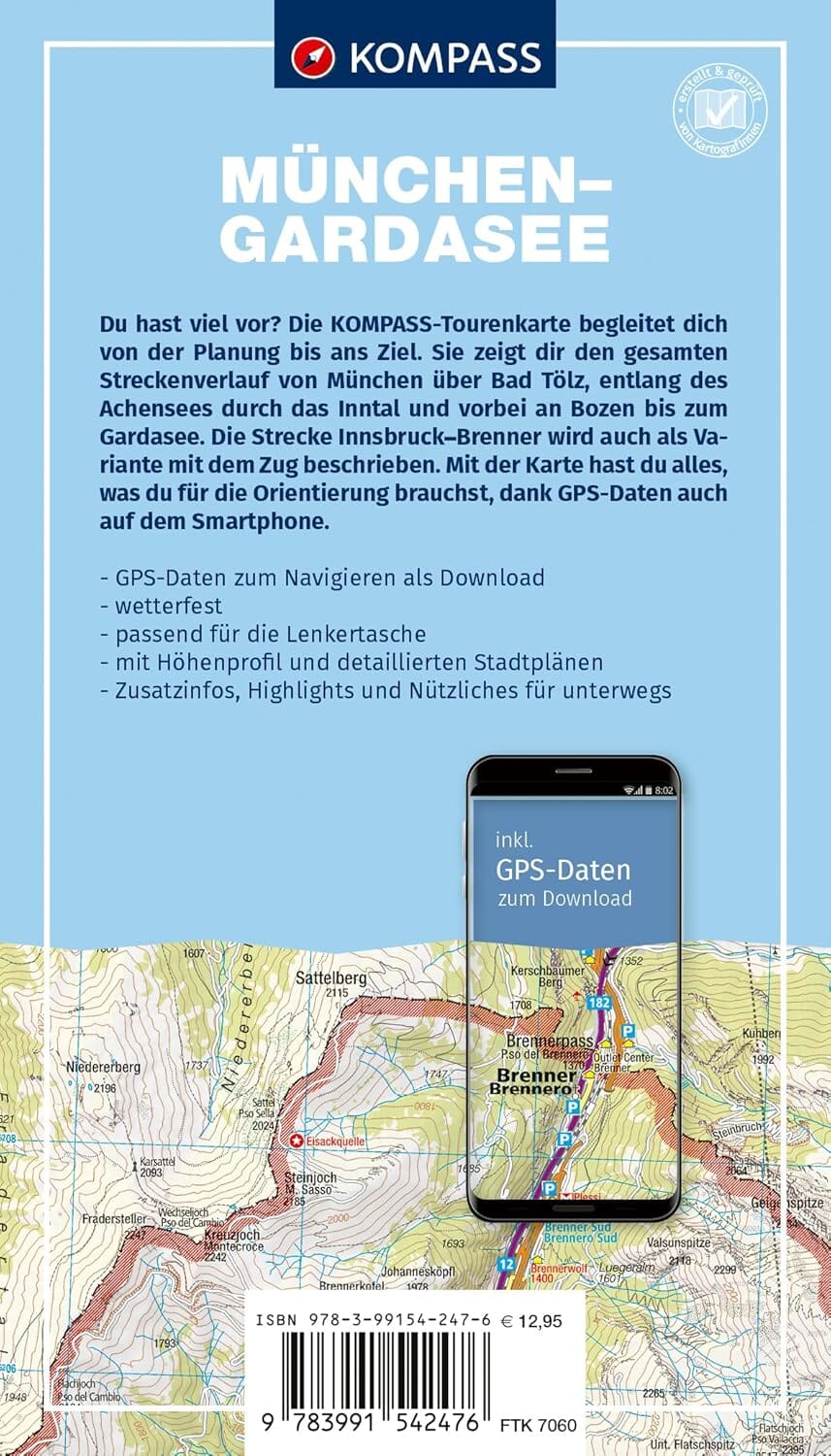 Carte cycliste n° F7060 - Munich – Lac de Garde via le col du Brenner (Bavière, Tyrol, Sud Tyrol) | Kompass carte cycliste Kompass 
