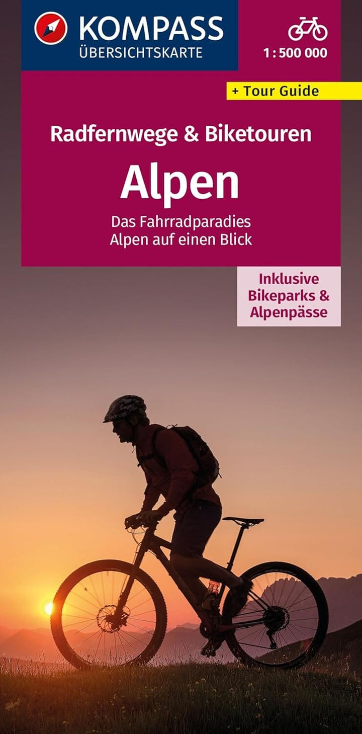 Carte cycliste - Pistes cyclables longue distance des Alpes & circuits à vélo | Kompass carte pliée Kompass 