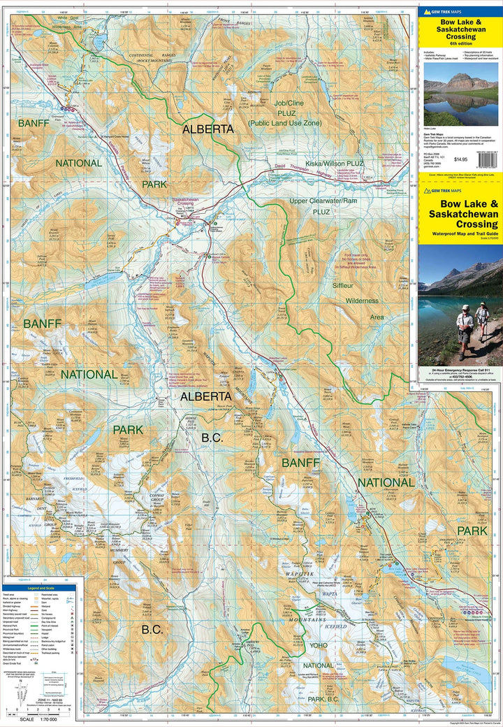 Carte de randonnée - Bow Lake (PN Banff et Jasper, Alberta) & Saskatchewan crossing | Gem Trek carte pliée Gem Trek Publishing 