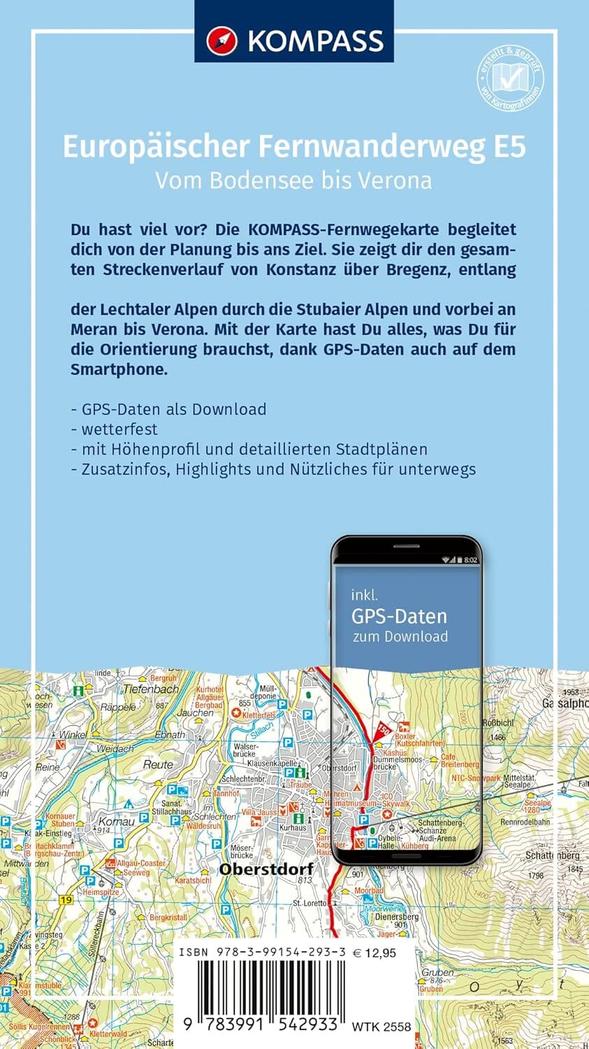 Carte de randonnée E5 - Du lac de Constance à Vérone | Kompass carte pliée Kompass 