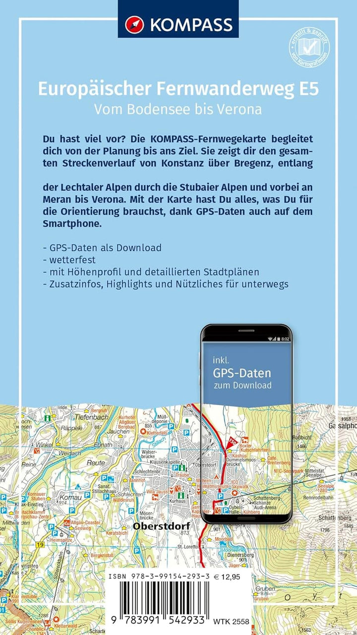Carte de randonnée E5 - Du lac de Constance à Vérone | Kompass carte pliée Kompass 