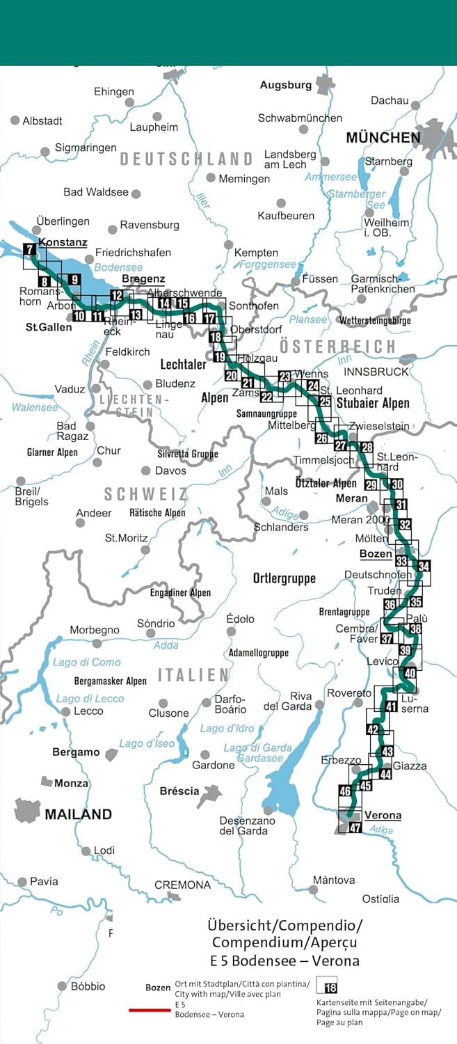 Carte de randonnée E5 - Du lac de Constance à Vérone | Kompass carte pliée Kompass 