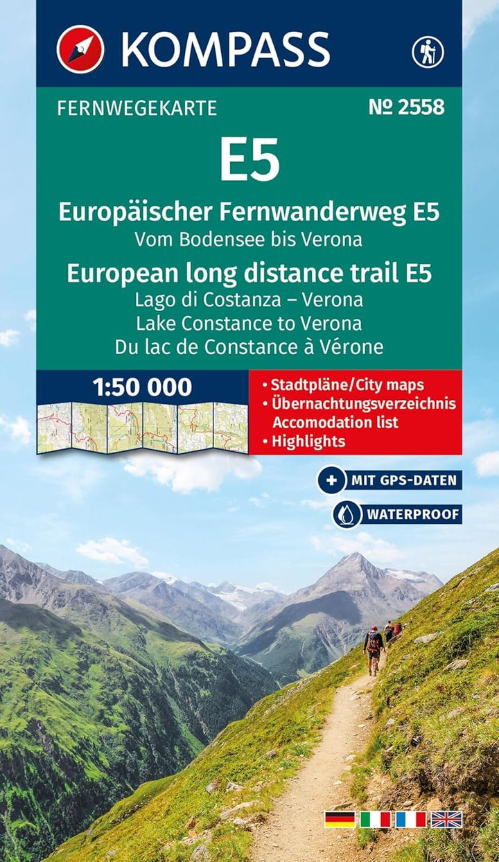 Carte de randonnée E5 - Du lac de Constance à Vérone | Kompass carte pliée Kompass 