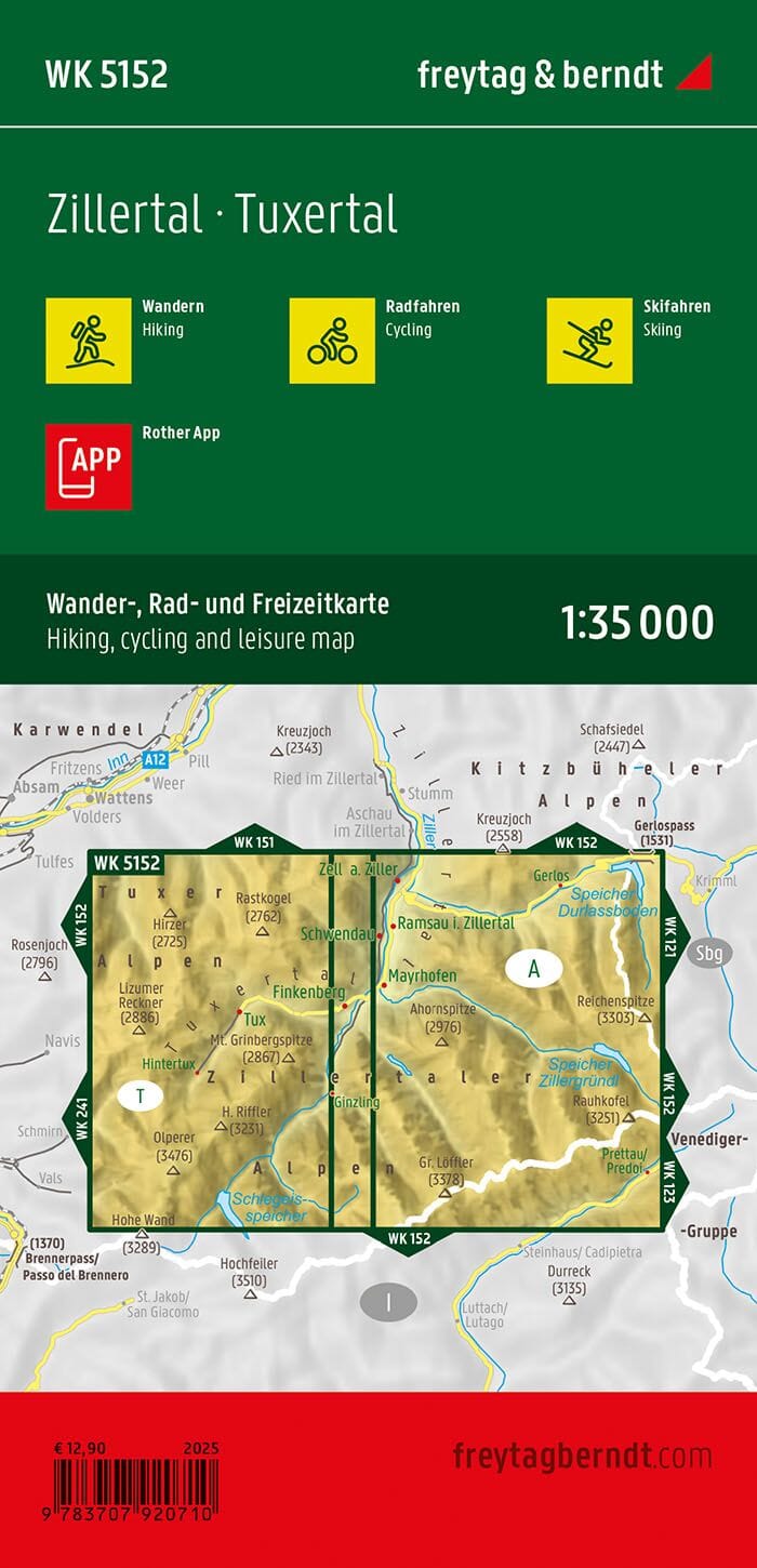 Carte de randonnée et cycliste n° WKD5152 - Zillertal, Tuxertal | Freytag & Berndt carte pliée Freytag & Berndt 