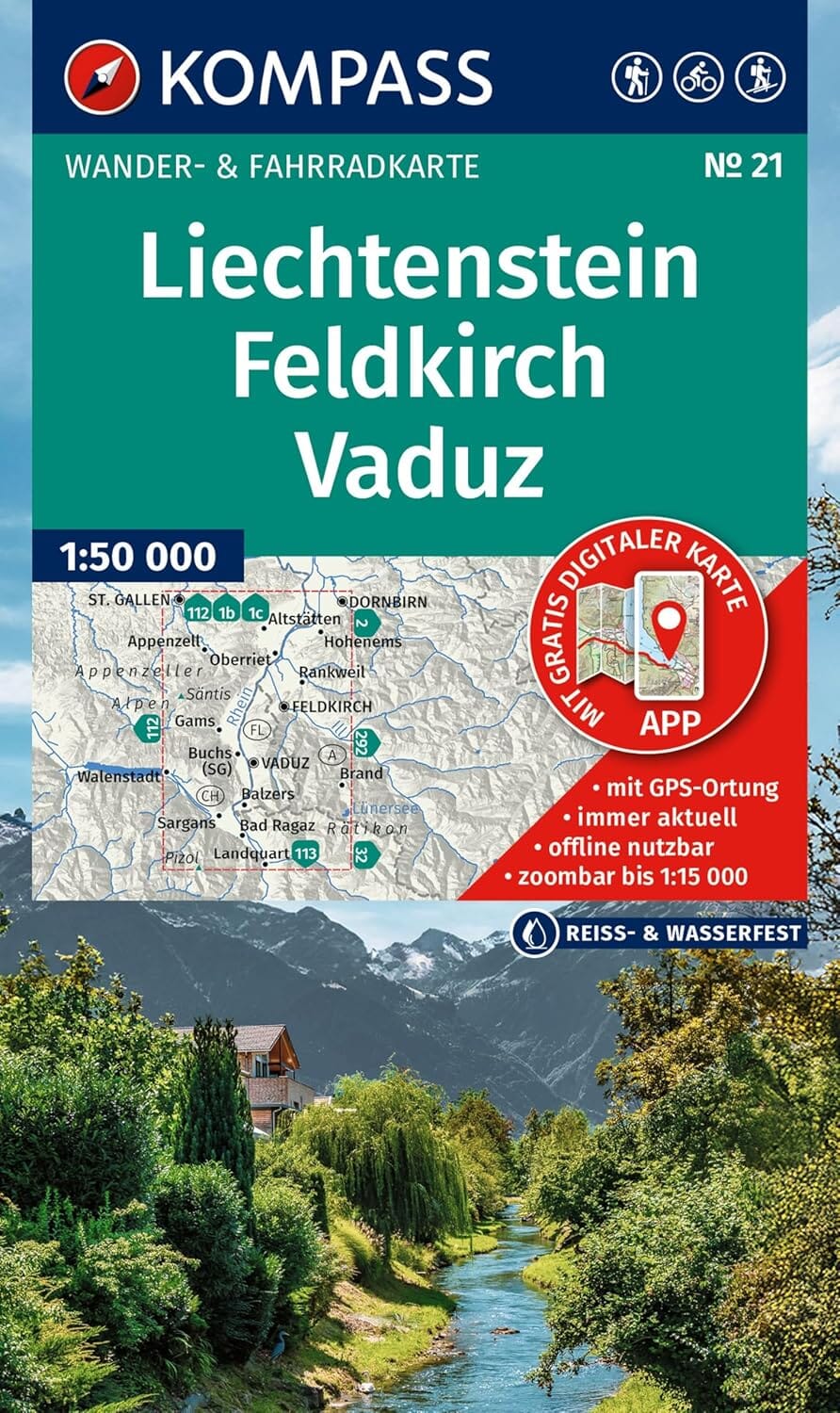 Carte de randonnée n° 021 - Liechstenstein, Feldkirch, Vaduz (Autriche) | Kompass carte pliée Kompass 