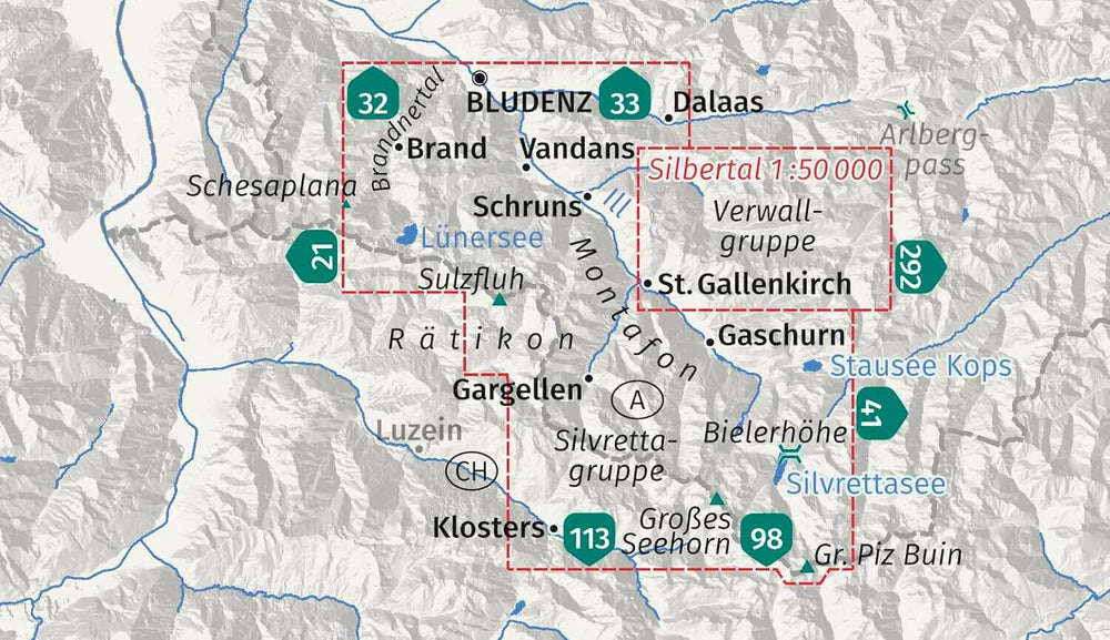 Carte de randonnée n° 032 - Montafon, Brandnertal, Gargellen, Bielerhöhe, Silvretta (Autriche) | Kompass carte pliée Kompass 